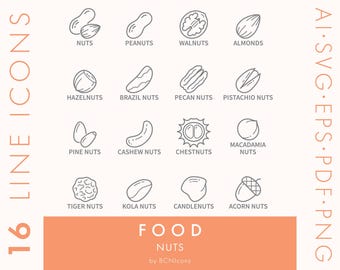 Nut Symbols Line Icons Pack SVG, Minimalist Type of Nuts Food Ingredients Clipart PNG, Packaging Food Safety Symbols Vector Icon Set