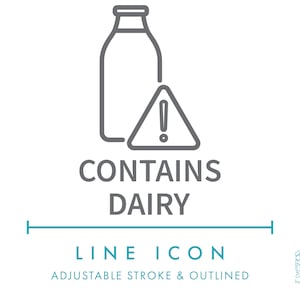 Contient l'icône de ligne de nutrition laitière SVG, clipart minimaliste d'avertissement d'allergènes alimentaires PNG, ingrédients de boissons au lactose, icône de vecteur de symbole alimentaire