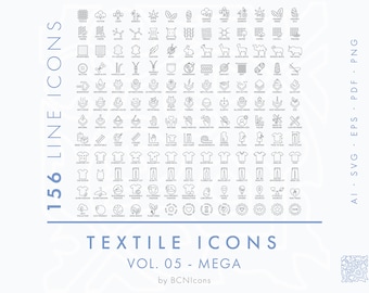 Textile Symbole Vol. 05 Mega Line Icons Pack SVG, Nähen von Kleidung Material Eigenschaften Icon Bundle PNG, Kleidung Typ Vektor-Logos