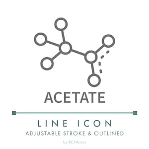 May include: A gray line icon depicting a molecular structure with circles connected by lines, featuring the text ACETATE, LINE ICON, ADJUSTABLE STROKE & OUTLINED, and by BCNIcons. The design uses a clean, minimalist aesthetic with clear typography.