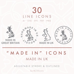 MADE IN UK / Großbritannien Made Line Icons Pack svg, Umriss Produktverpackung Icon Bundle, handgefertigt in Vereinigtes Königreich Symbol Vektor Icons