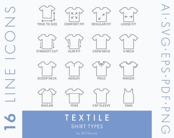 Shirt Types Symbols Line Icons Pack SVG, T-Shirt Neck & Cut Style Apparel Icon Bundle PNG, Tshirt Tee Fit Fashion Clothing Vector Logos