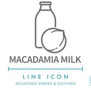Icône de ligne de lait de macadamia SVG, icône de symbole d'allergènes alimentaires de lait végétalien sans produits laitiers, vecteur d'ingrédients d'allergie nutritionnelle de types de lait végétal de noix