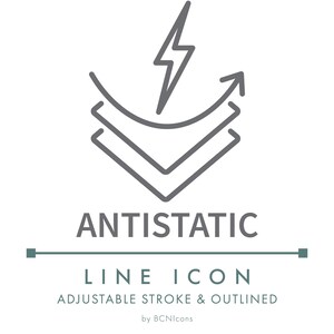 May include: A gray line icon featuring a lightning bolt symbol above two stacked V-shaped layers with an upward-pointing arrow. The text ANTISTATIC, LINE ICON, ADJUSTABLE STROKE & OUTLINED, and by BCNIcons is displayed in gray and green lettering.