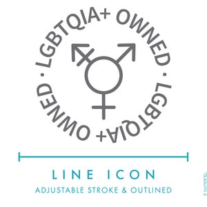 Icono de línea de insignia de empresa propiedad de LGBTQIA+ (svg), clipart de empaquetado de producto con símbolos de género LGBTQ minimalistas, vector de símbolo de producto creado por LGBT