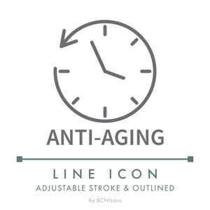 Può includere: Icona a linea grigia su sfondo bianco. L'icona presenta un orologio con una freccia in senso antiorario e le parole "ANTI-AGING" sottostanti. Il testo "LINE ICON" è sottostante.