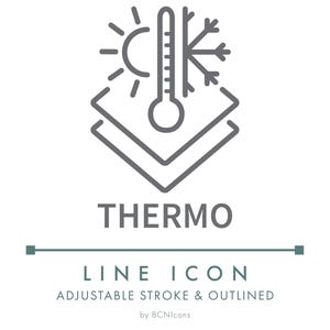 Puede incluir: Icono de línea gris con la palabra "THERMO" debajo. El icono representa un termómetro, un sol, un copo de nieve y capas. El texto "LINE ICON" y "ADJUSTABLE STROKE & OUTLINED" están debajo.