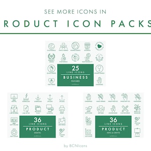 May include: A collection of digital line icons organized into three sets labeled 25 Business Features, 36 Product Digital, and 36 Product Arts & Crafts. The green and white graphic displays various symbols for business and creative services.