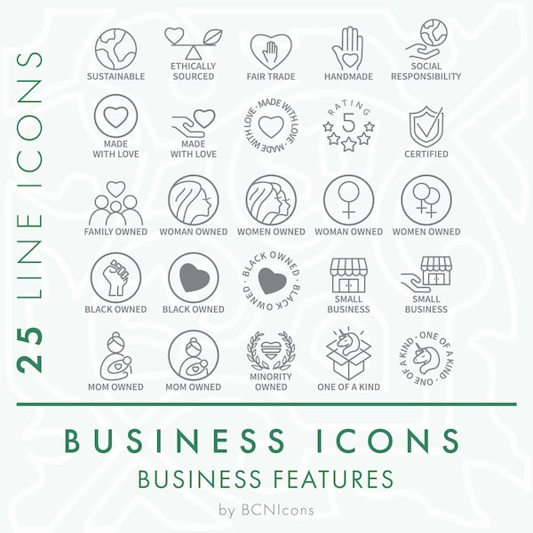 Business Features Symbols Line Icons Pack SVG, Minimalist Small Business Badges Clip Art PNG, Business Owned by Symbols Vector Icon Set