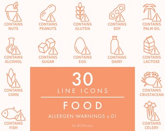 PACCHETTO DI ICONE ALIMENTARI: Contiene icone lineari di simboli di allergeni in formato SVG, clipart minimaliste di avvertenze sulle allergie alimentari in formato PNG, set di icone vettoriali per la sicurezza alimentare.