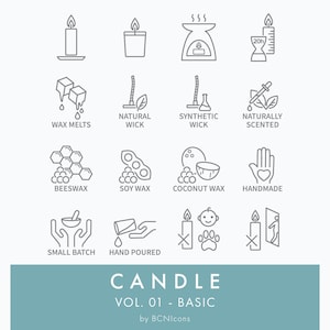 Pacchetto di icone lineari per simboli di fabbricazione di candele Vol. 01 SVG di base, pacchetto di clipart di candele minimaliste png, set di icone vettoriali di simboli di crostata di cera fusa