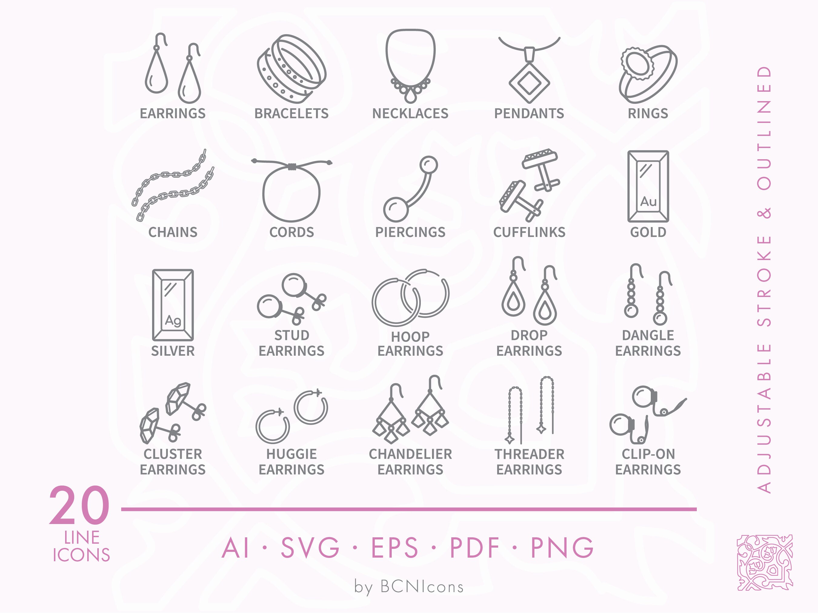 Jewelry Symbols Jewelry Types Outline Icon Set SVG, Minimalist
