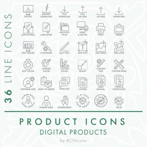 Ensemble d'icônes de ligne de symboles de produit numérique SVG, téléchargement numérique petites entreprises Badges Clipart PNG, ensemble d'icônes vectorielles modèle d'impression d'art numérique