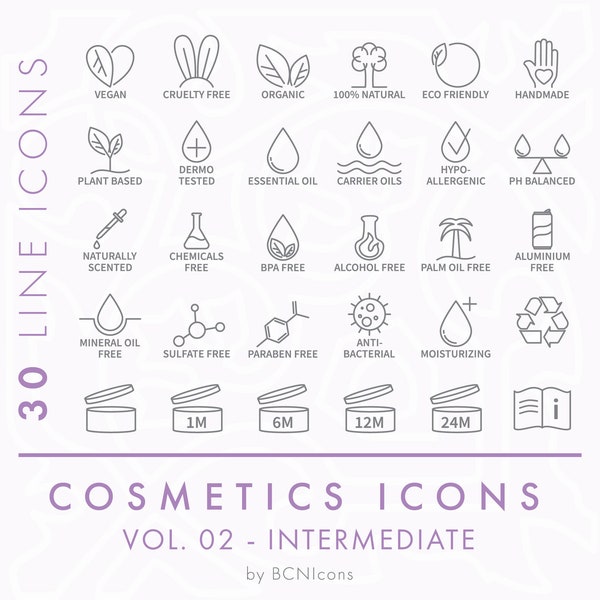 Cosmetics Packaging Symbols Vol. 02 Intermediate Line Icons Pack SVG, Minimalist Beauty Product Icon Bundle PNG, Skincare Vector Symbols Set