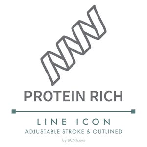 May include: A gray line icon on a white background. The icon depicts a stylized, ribbon-like shape, with the text "PROTEIN RICH" below it. The words "LINE ICON" and "ADJUSTABLE STROKE & OUTLINED" are also present.