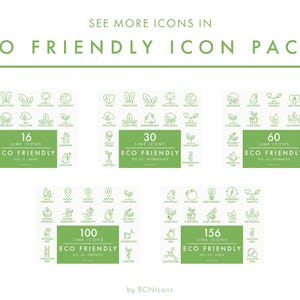 May include: A digital collection of eco-friendly line icons organized into five distinct sets labeled 16, 30, 60, 100, and 156 icons. Each set features green text and graphic symbols on a white background, with the title Eco Friendly Icon Packs.