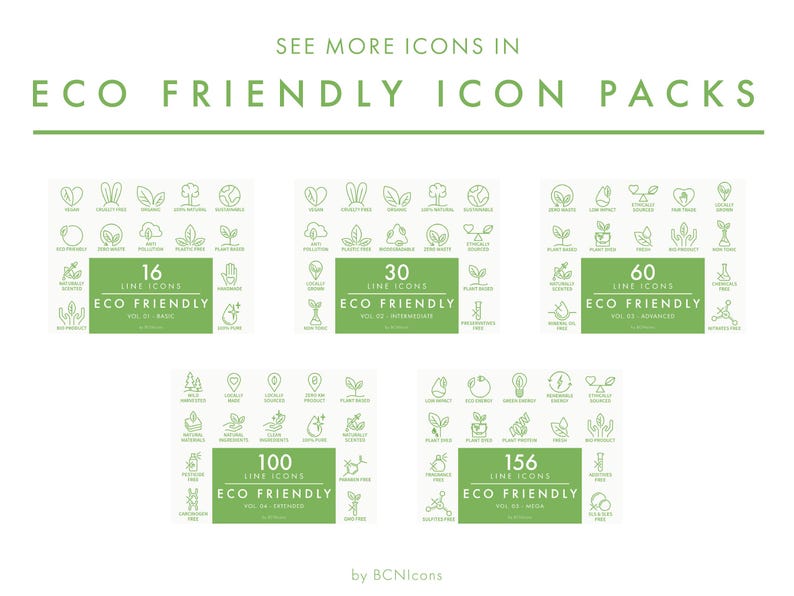 May include: A digital collection of eco-friendly line icons organized into five distinct sets labeled 16, 30, 60, 100, and 156 icons. Each set features green text and graphic symbols on a white background, with the title Eco Friendly Icon Packs.