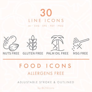 FOOD ALLERGEN FREE Symbols Line Icons Pack svg, Minimalist Food Allergy Free Clip Art png, Nutrition Ingredients Safety Vector Icon Set