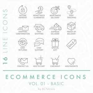Ecommerce Symbols Vol. 01 Basic Icon Pack SVG, Minimalist Website Shop Logos Line Icon Bundle png, Online Store Business Vector Symbols Set
