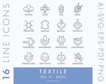 Textile Symbols Vol. 01 Basic Line Icons Pack SVG, Sewing Clothing Material Fabric Properties Symbols, Tailor Clothes Apparel Vector Logos