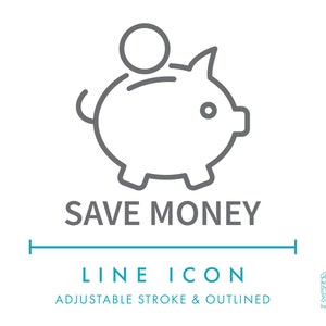 Icona della linea di e-commerce "Risparmia denaro" in formato SVG, icona Web con sconto sul salvadanaio aziendale in formato PNG, logo vettoriale del sito Web del negozio online con offerte a prezzo speciale