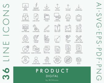 Digital Product Symbols Line Icons Pack SVG, Digital Download Small Business Badges Clipart PNG, Digital Art Print Template Vector Icon Set