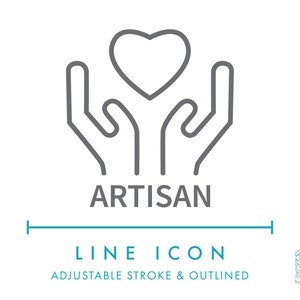 Icono de línea artesanal SVG, icono de empaque minimalista para pequeñas empresas PNG, icono vectorial de producto hecho con amor en lotes pequeños, símbolo de hecho a mano