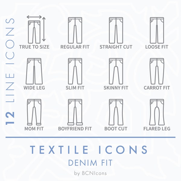 Denim Fit Symbols Line Icons Pack SVG, Minimalist Textile Jean Pants Style Icon Bundle PNG, Trousers Jeans Cut Clothing Apparel Vector Logos