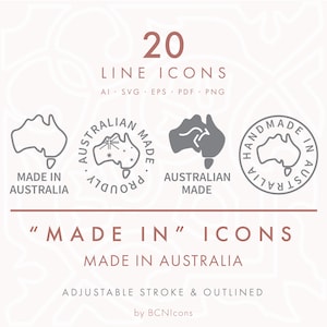 HECHO EN AUSTRALIA Paquete de iconos de línea de insignias svg, paquete de iconos minimalistas de logotipo hecho en Australia png, iconos vectoriales de símbolos de embalaje de productos hechos a mano