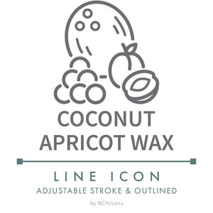 Icono de línea de cera de coco y albaricoque SVG, logotipo minimalista de embalaje de vela de cera vegana PNG, símbolo vectorial de fabricación de velas de plantas naturales