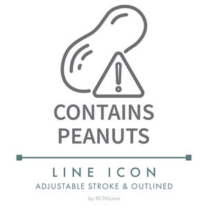 May include: A line icon indicating the presence of peanuts. The image features a peanut, a warning triangle with an exclamation point, and the text "CONTAINS PEANUTS". Below, it reads "LINE ICON" and "ADJUSTABLE STROKE & OUTLINED".