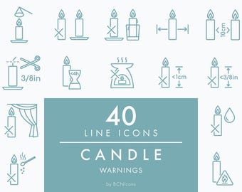 CANDLE WARNING Symbols Outline Icon Set SVG, Minimalist Candle Safety Packaging Clip Art Bundle Png, Wax Melts Warning Vector Icon Pack