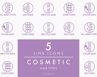 Puede incluir: Un conjunto de iconos de línea morados que representan tipos de cabello y cuidado, incluyendo etiquetas para All Hair Types, Oily Hair, Brittle Hair, Curly Hair y Color Safe. El texto central dice 5 LINE ICONS COSMETIC HAIR TYPES by BCNIcons.