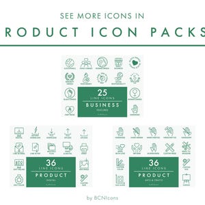 May include: A collection of digital line icons organized into three sets labeled 25 Business Features, 36 Product Digital, and 36 Product Arts & Crafts. The green and white graphic displays various symbols for business and creative services.