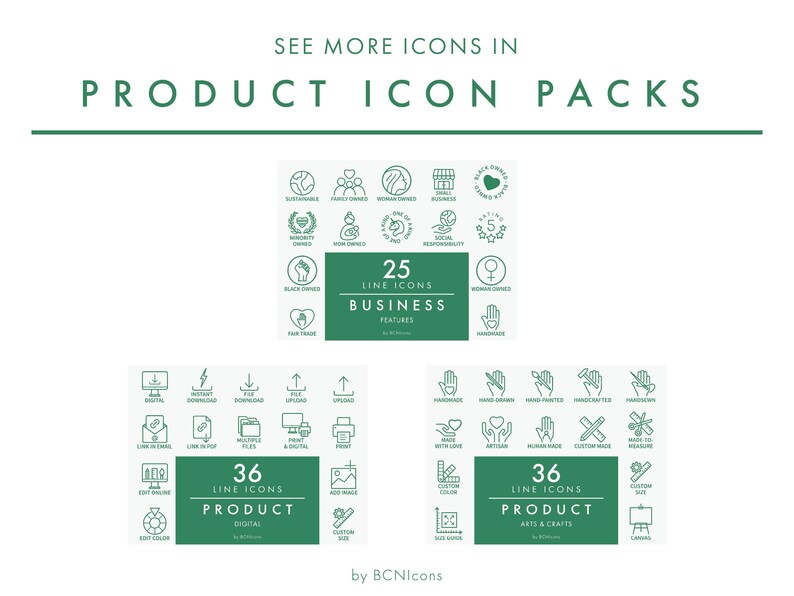 May include: A collection of digital line icons organized into three sets labeled 25 Business Features, 36 Product Digital, and 36 Product Arts & Crafts. The green and white graphic displays various symbols for business and creative services.