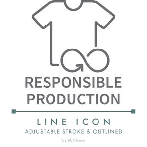 May include: A gray line icon featuring a t-shirt outline combined with an infinity symbol. Below the icon, the text reads RESPONSIBLE PRODUCTION, followed by a horizontal line, the text LINE ICON, ADJUSTABLE STROKE & OUTLINED, and by BCNIcons.