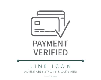Icona di linea per e-commerce con pagamento verificato in formato SVG, logo del metodo di pagamento con carta di credito per negozio online in formato PNG, pulsante di checkout del gateway di pagamento per negozio online.