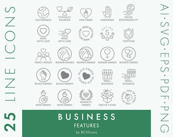 Business Features Symbols Line Icons Pack SVG, Minimalist Small Business Badges Clip Art PNG, Business Owned by Symbols Vector Icon Set