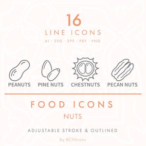 NOTEN symbolen lijn Icons Pack SVG, minimalistisch type noten voedselingrediënten Clipart PNG, verpakking voedselveiligheid symbolen Vector Icon Set