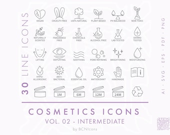 Cosmetics Packaging Symbols Vol. 02 Intermediate Line Icons Pack SVG, Minimalist Beauty Product Icon Bundle PNG, Skincare Vector Symbols Set