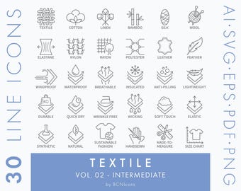 Textile Symbols Vol. 02 Intermediate Line Icons Pack SVG, Tailor Sewing Clothing Material Properties Symbols, Clothes Apparel Vector Logos