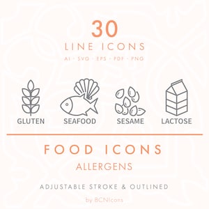Paquete de iconos de línea de alérgenos alimentarios SVG, imágenes prediseñadas minimalistas de ingredientes alimentarios PNG, conjunto de iconos vectoriales de símbolos de seguridad alimentaria y de envases de bebidas