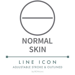 Puede incluir: Un icono de línea gris que presenta un círculo dividido por una línea horizontal. Debajo del icono, el texto dice NORMAL SKIN, seguido de las palabras LINE ICON, ADJUSTABLE STROKE & OUTLINED, y el texto by BCNIcons en la parte inferior.