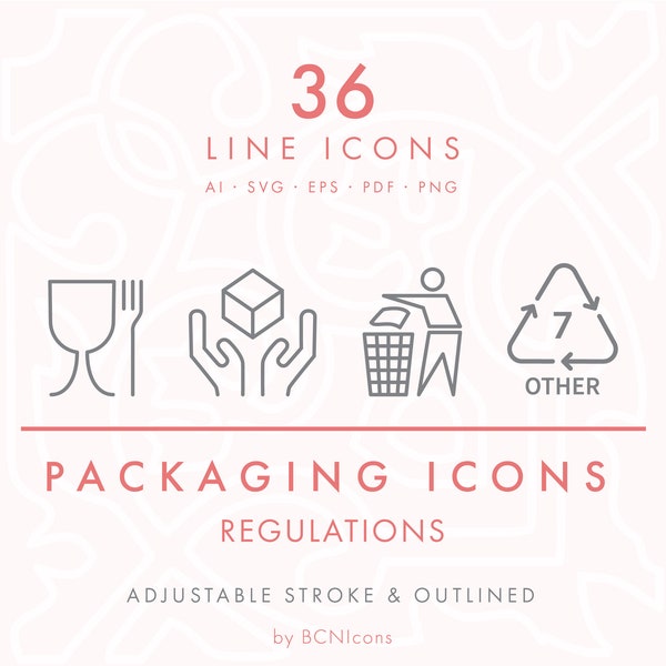RÈGLEMENTS D'EMBALLAGE et icônes de ligne de manutention Pack SVG, emballage minimaliste Clip Art png, icônes vectorielles de symbole de recyclage et d'expédition