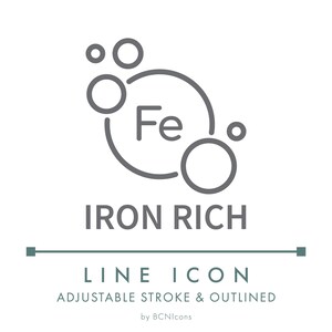 May include: A gray line icon featuring the chemical symbol Fe inside a circle surrounded by smaller circles. Below the icon, the text reads IRON RICH, followed by the words LINE ICON, ADJUSTABLE STROKE & OUTLINED, and by BCNIcons.