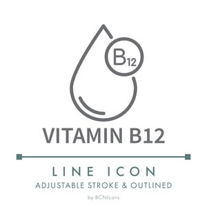 May include: A grey line icon featuring a stylised water drop shape with a circle containing the text B12. Below the icon, the text reads VITAMIN B12, followed by a horizontal line and the words LINE ICON, ADJUSTABLE STROKE & OUTLINED, by BCNIcons.