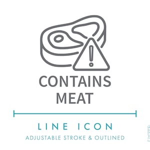 Contient une icône de ligne de nutrition de viande SVG, clipart minimaliste d'avertissement d'allergènes alimentaires PNG, ingrédients de boissons non végétaliennes, icône de vecteur de symbole alimentaire