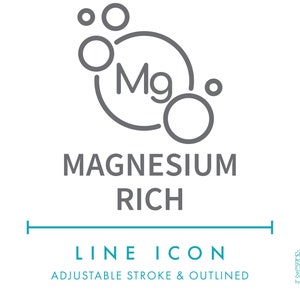 Icône de ligne riche en magnésium SVG, symbole alimentaire de nutrition minimaliste à haute teneur en magnésium PNG, Mg boisson riche étiquette nutritionnelle ingrédients Logo vectoriel