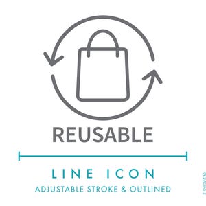 Icono de línea de embalaje de bolsa reutilizable SVG, icono de embalaje de producto de contenedor de reutilización minimalista PNG, icono de vector de símbolo ecológico de etiqueta de recarga