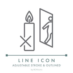Può includere: Icona a linea grigia raffigurante una candela sbarrata con una croce, accanto a una persona che esce da una porta. Il testo "LINE ICON" è sotto, con "ADJUSTABLE STROKE & OUTLINED" e "by BCNicons" sotto.